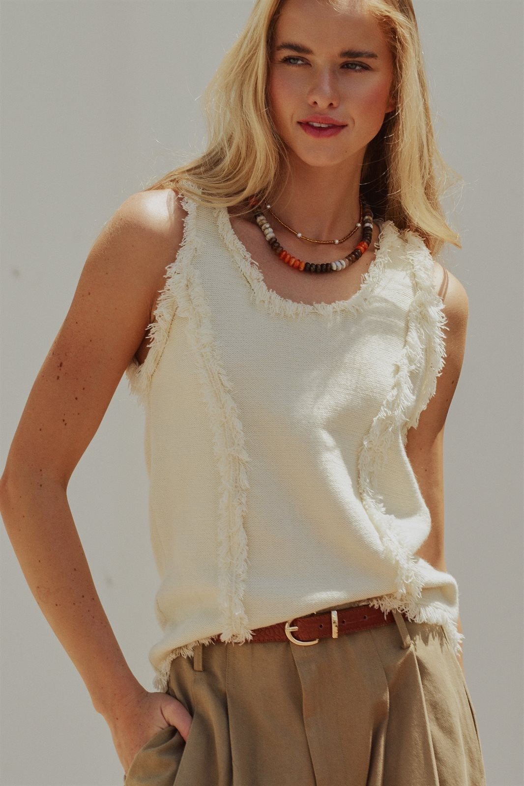 Boho Frayed Edge Textured Tank in IVORY - Women's Wholesale Tops | Trend Notes