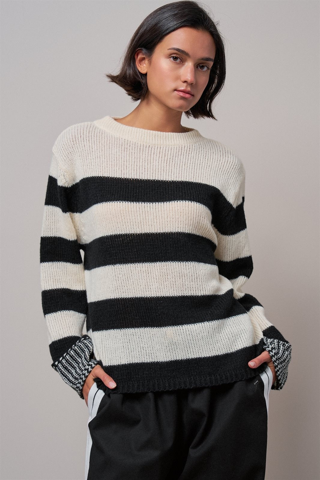 Striped Oversized Chunky Knit Sweater in BLACK - Women's Wholesale Sweaters | Trend Notes