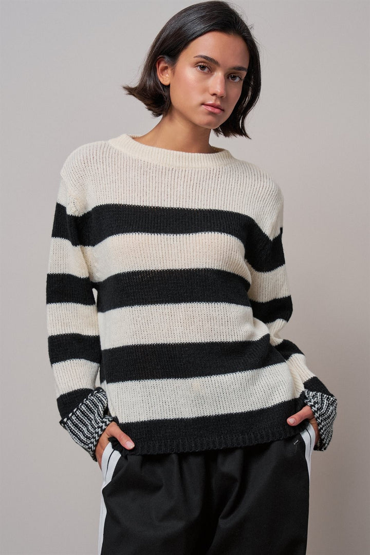 Striped Oversized Chunky Knit Sweater in BLACK - Women's Wholesale Sweaters | Trend Notes