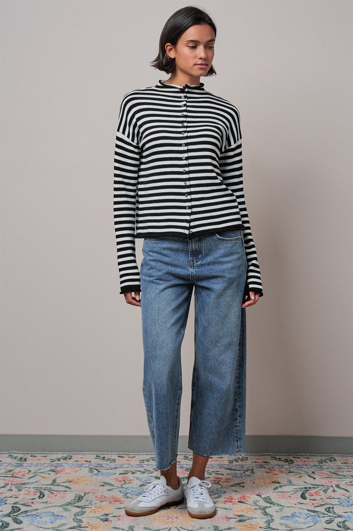 Striped Polo Collar Button Sweater with Rolled Edges in IVORY BLACK - Women's Wholesale Cardigans & Shrugs | Trend Notes