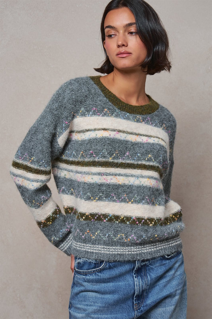 Multicolor Stripe Fair Isle Fuzzy Knit Sweater in GREY - Women's Wholesale Sweaters | Trend Notes