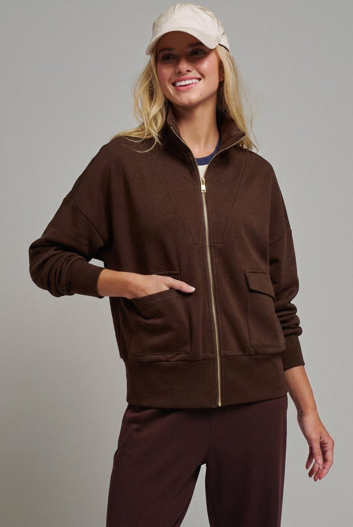 Scuba Zip Up Track Bomber Jacket Pilates Athflow for Women in CHOCOLATE BROWN - Women's Wholesale Jackets & Blazers | Trend Notes