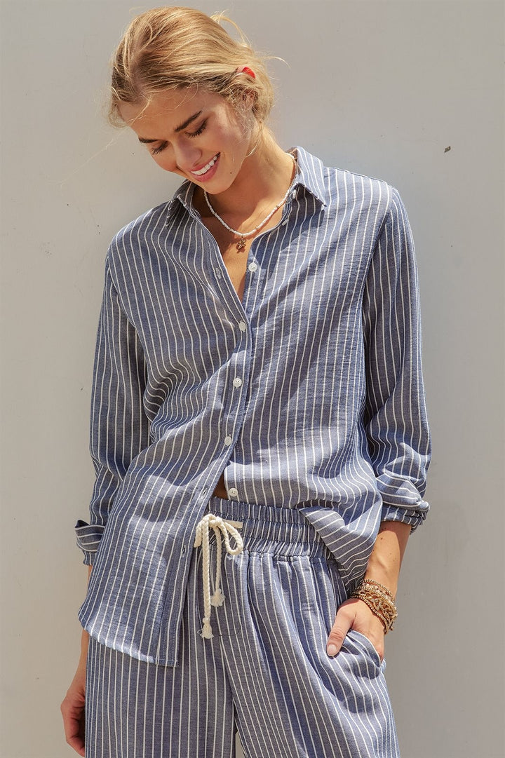 Coastal Ease Striped Linen Long Sleeve Shirt in NAVY STRIPE - Women's Wholesale Tops | Trend Notes