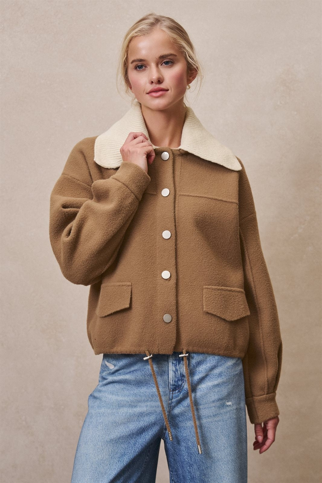 Sweater Knit Button Front Jacket with Detachable Collar in OLIVE - Women's Wholesale Jackets & Blazers | Trend Notes