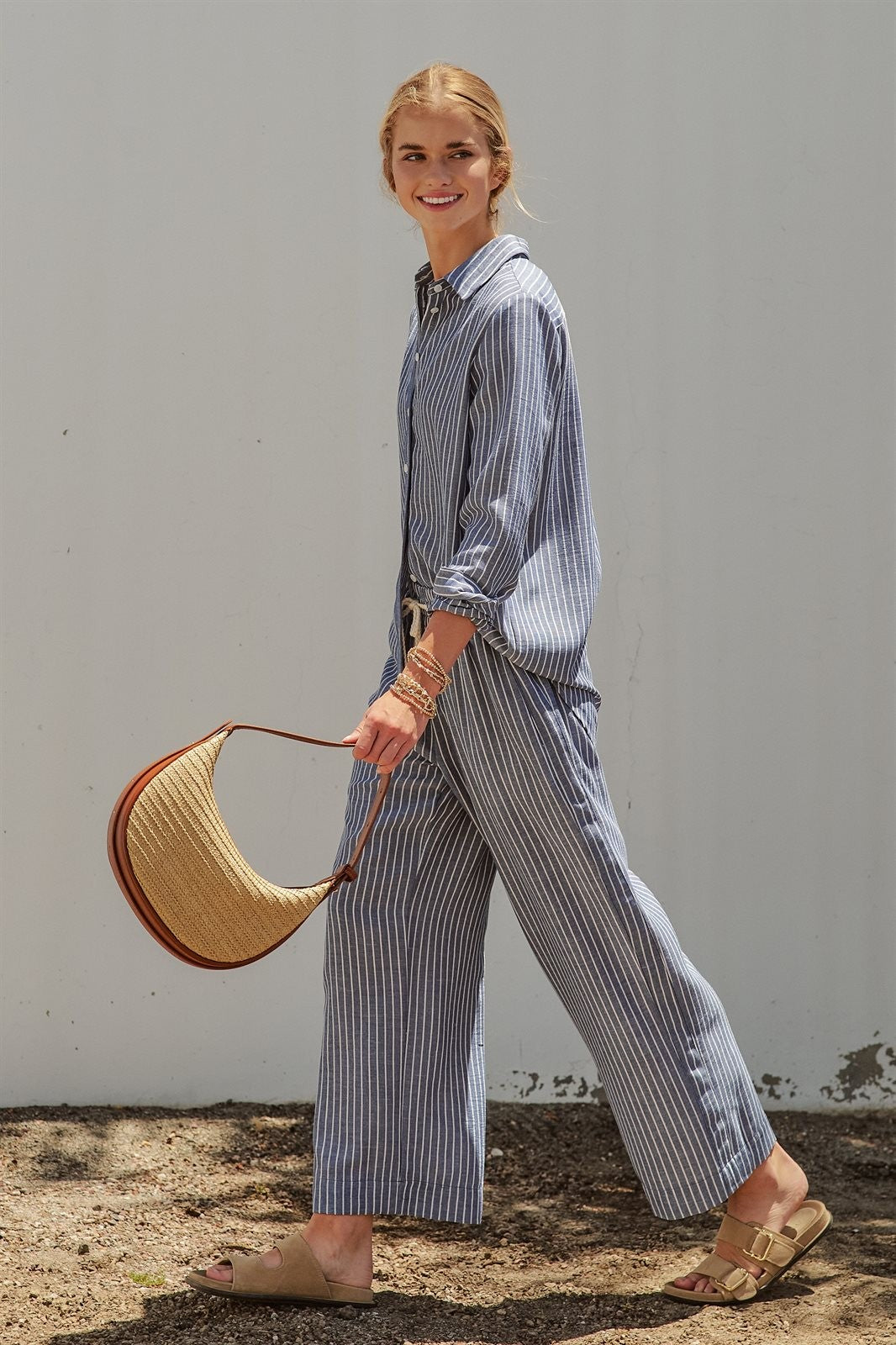 Coastal Ease Striped Linen Long Sleeve Shirt in NAVY STRIPE - Women's Wholesale Tops | Trend Notes
