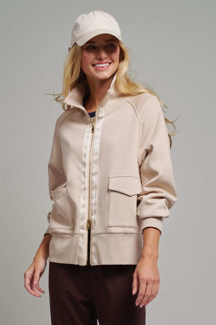 Scuba Zip Up Track Bomber Jacket Pilates Athflow for Women in SAND - Women's Wholesale Jackets & Blazers | Trend Notes