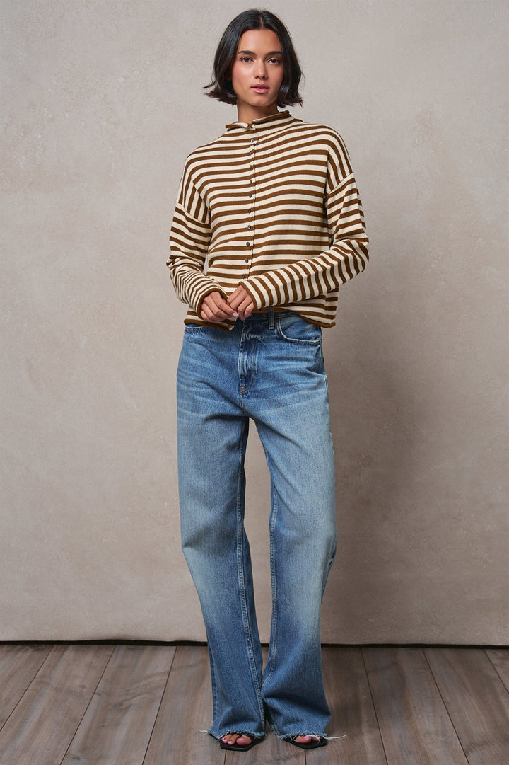 Striped Polo Collar Button Sweater with Rolled Edges in IVORY BROWN - Women's Wholesale Cardigans & Shrugs | Trend Notes