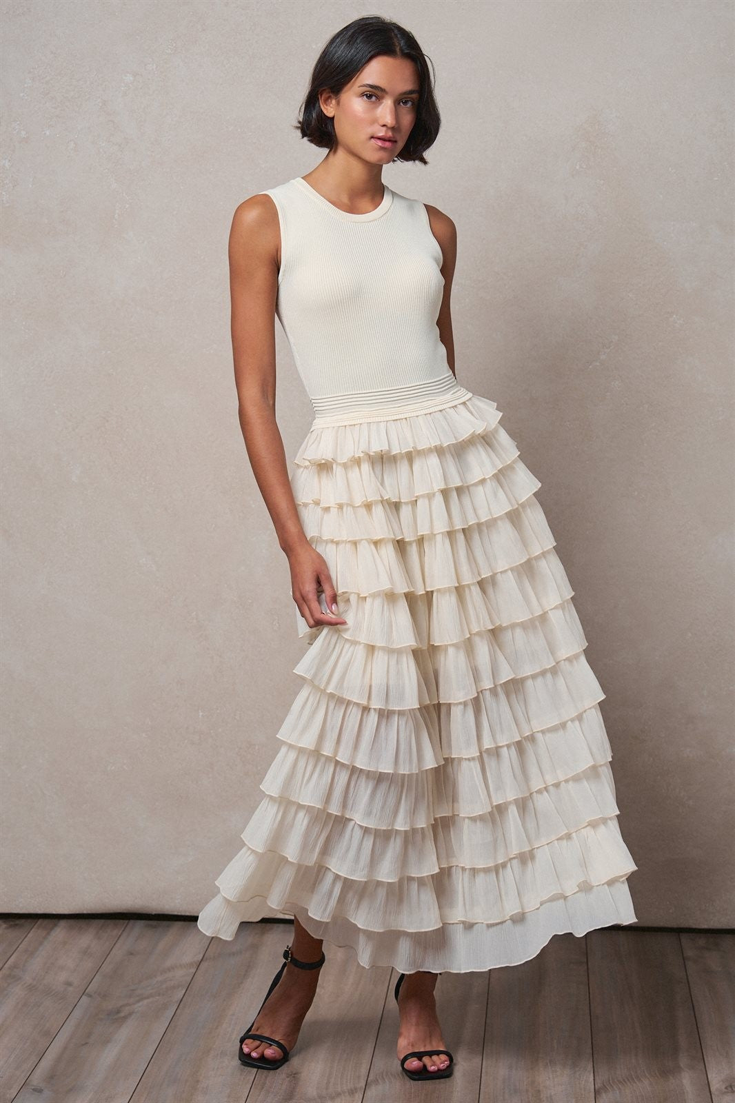 Tiered Ruffle Maxi Dress with Contrast Trim in IVORY - Women's Wholesale Cocktail Dresses | Trend Notes
