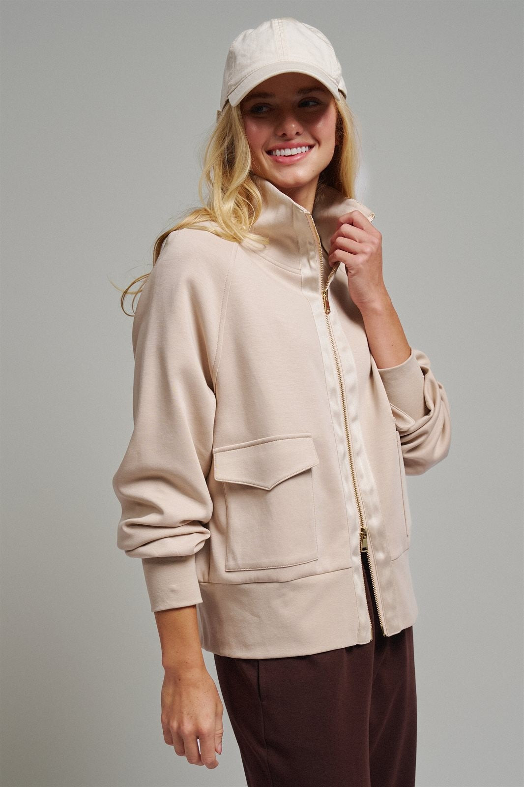 Scuba Zip Up Track Bomber Jacket Pilates Athflow for Women in SAND - Women's Wholesale Jackets & Blazers | Trend Notes