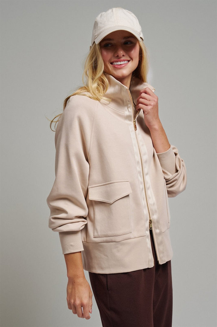 Scuba Zip Up Track Bomber Jacket Pilates Athflow for Women in SAND - Women's Wholesale Jackets & Blazers | Trend Notes