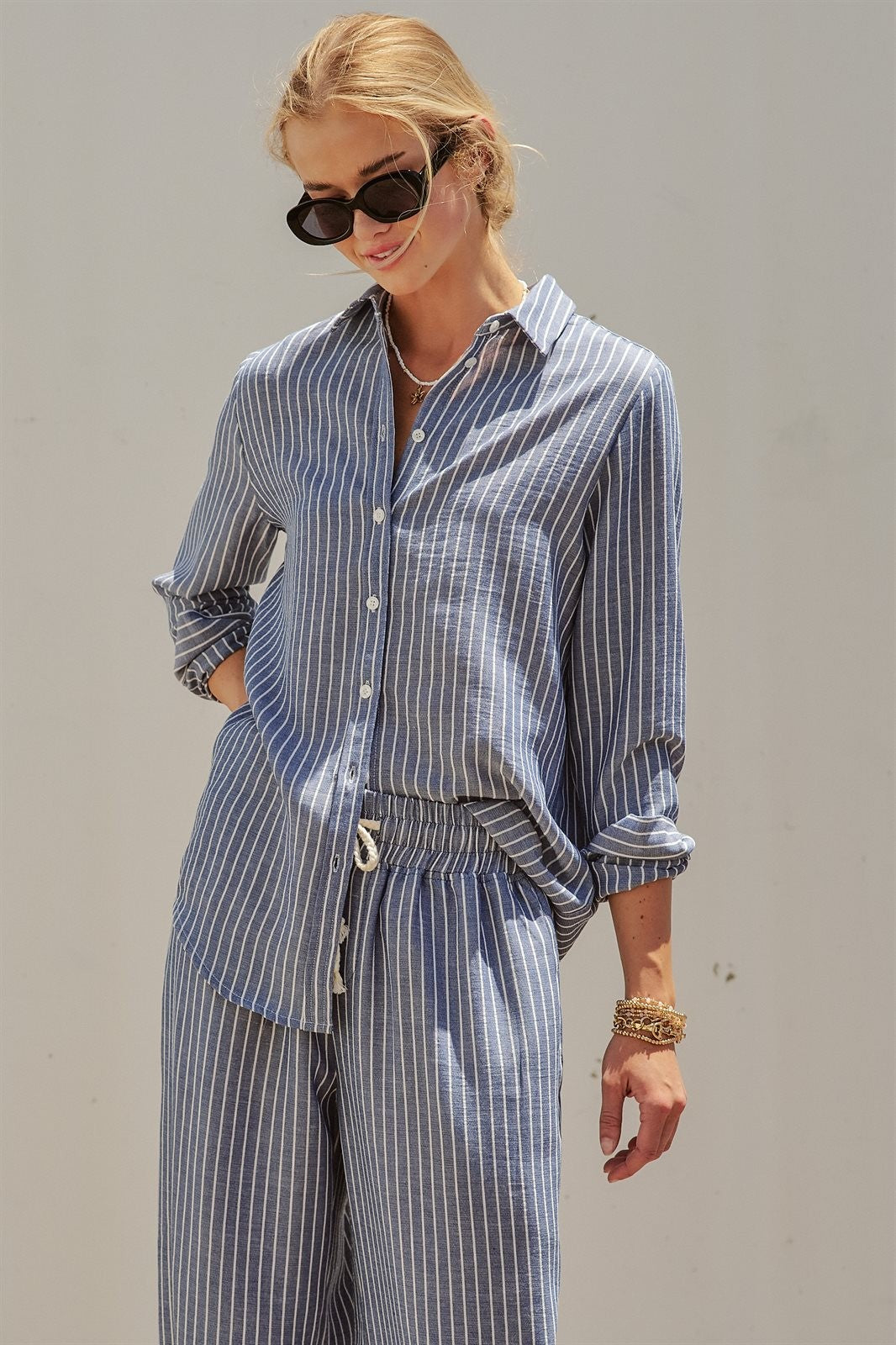 Coastal Ease Striped Linen Long Sleeve Shirt in NAVY STRIPE - Women's Wholesale Tops | Trend Notes