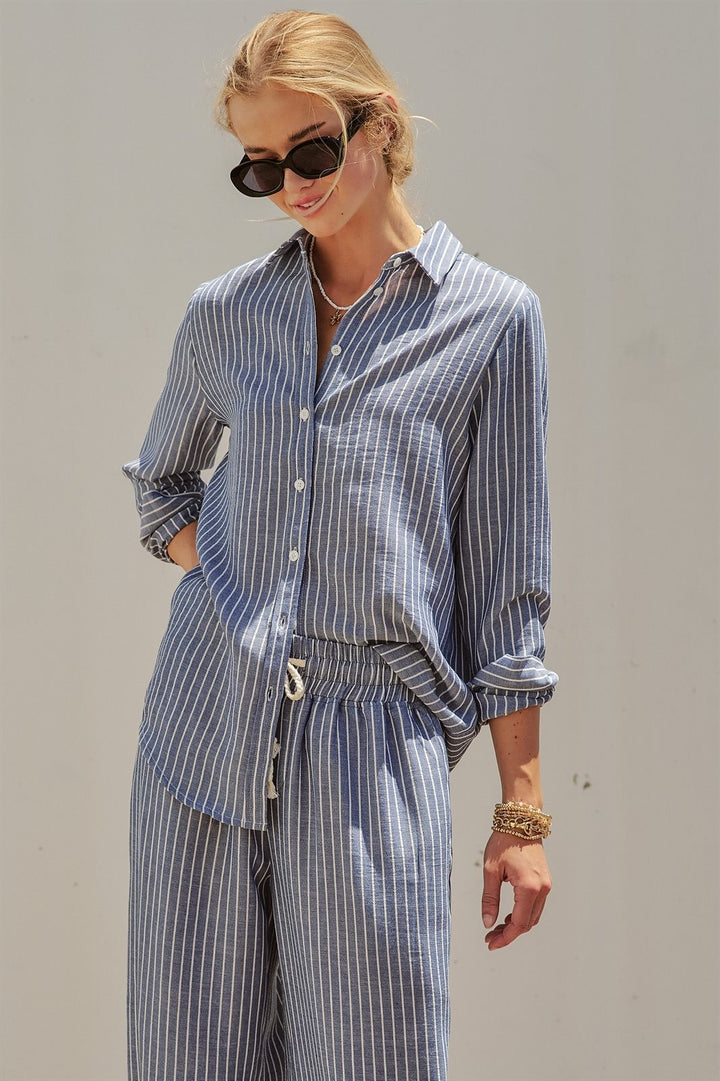 Coastal Ease Striped Linen Long Sleeve Shirt in NAVY STRIPE - Women's Wholesale Tops | Trend Notes