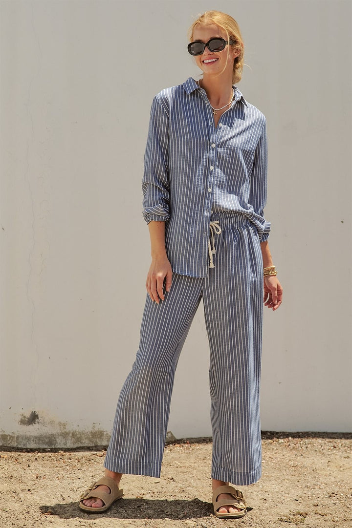 Coastal Ease Striped Linen Long Sleeve Shirt in NAVY STRIPE - Women's Wholesale Tops | Trend Notes