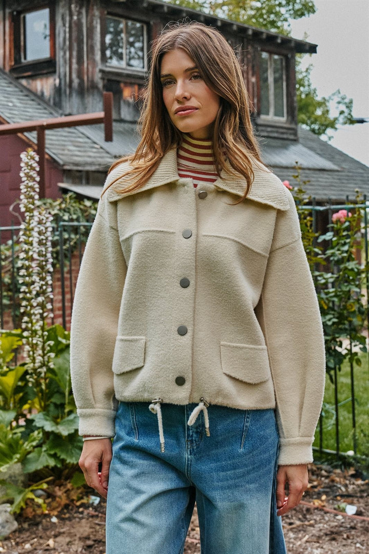 Sweater Knit Button Front Jacket with Detachable Collar in IVORY - Women's Wholesale Jackets & Blazers | Trend Notes