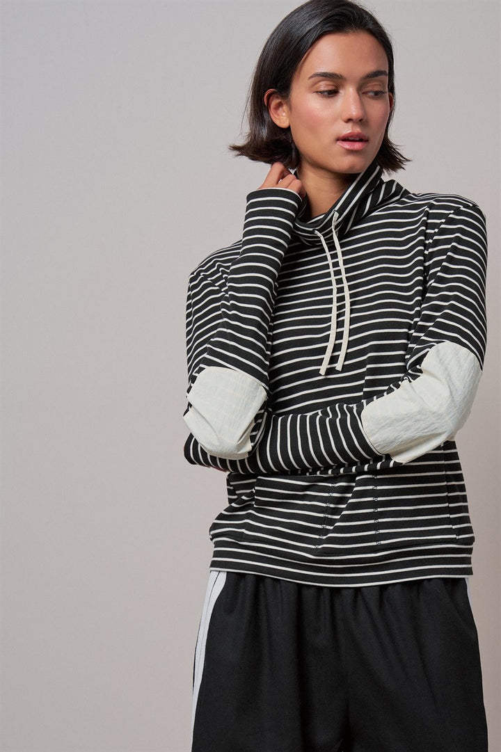 Striped Cowl Neck Drawstring Pullover Sweatshirt in BLACK - Women's Wholesale Sweatshirts & Hoodies | Trend Notes