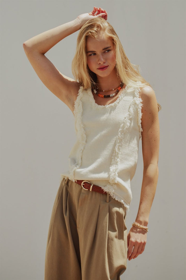 Boho Frayed Edge Textured Tank in IVORY - Women's Wholesale Tops | Trend Notes