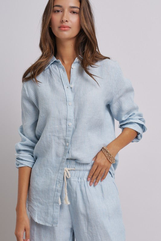 Coastal Ease Striped Linen Long Sleeve Shirt in BLUE STRIPE - Women's Wholesale Tops | Trend Notes