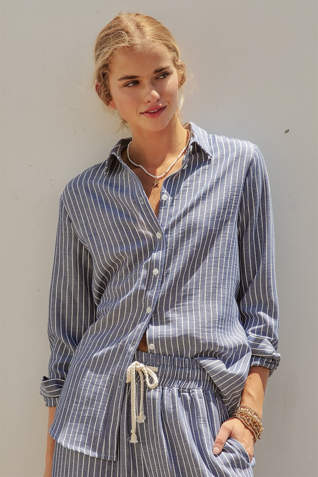 Coastal Ease Striped Linen Long Sleeve Shirt in NAVY STRIPE - Women's Wholesale Tops | Trend Notes