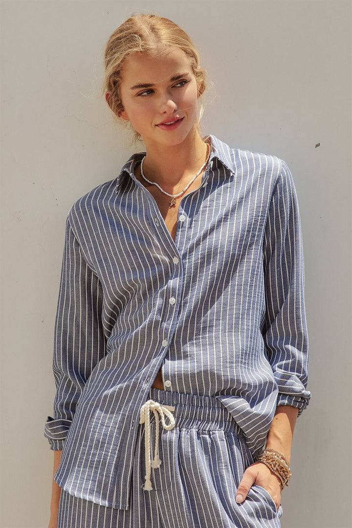 Coastal Ease Striped Linen Long Sleeve Shirt in NAVY STRIPE - Women's Wholesale Tops | Trend Notes