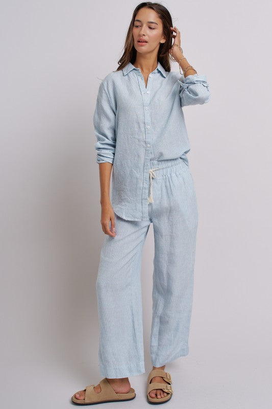 Coastal Ease Striped Linen Long Sleeve Shirt in BLUE STRIPE - Women's Wholesale Tops | Trend Notes