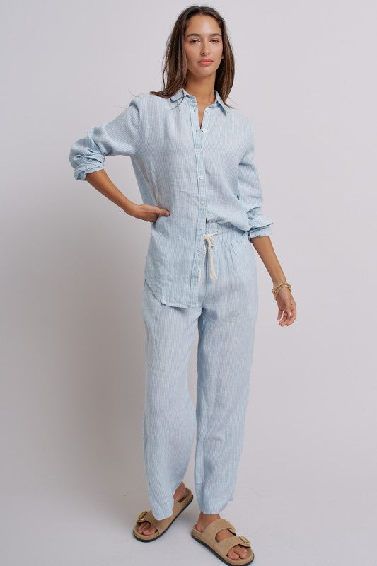 Coastal Ease Striped Linen Long Sleeve Shirt in BLUE STRIPE - Women's Wholesale Tops | Trend Notes