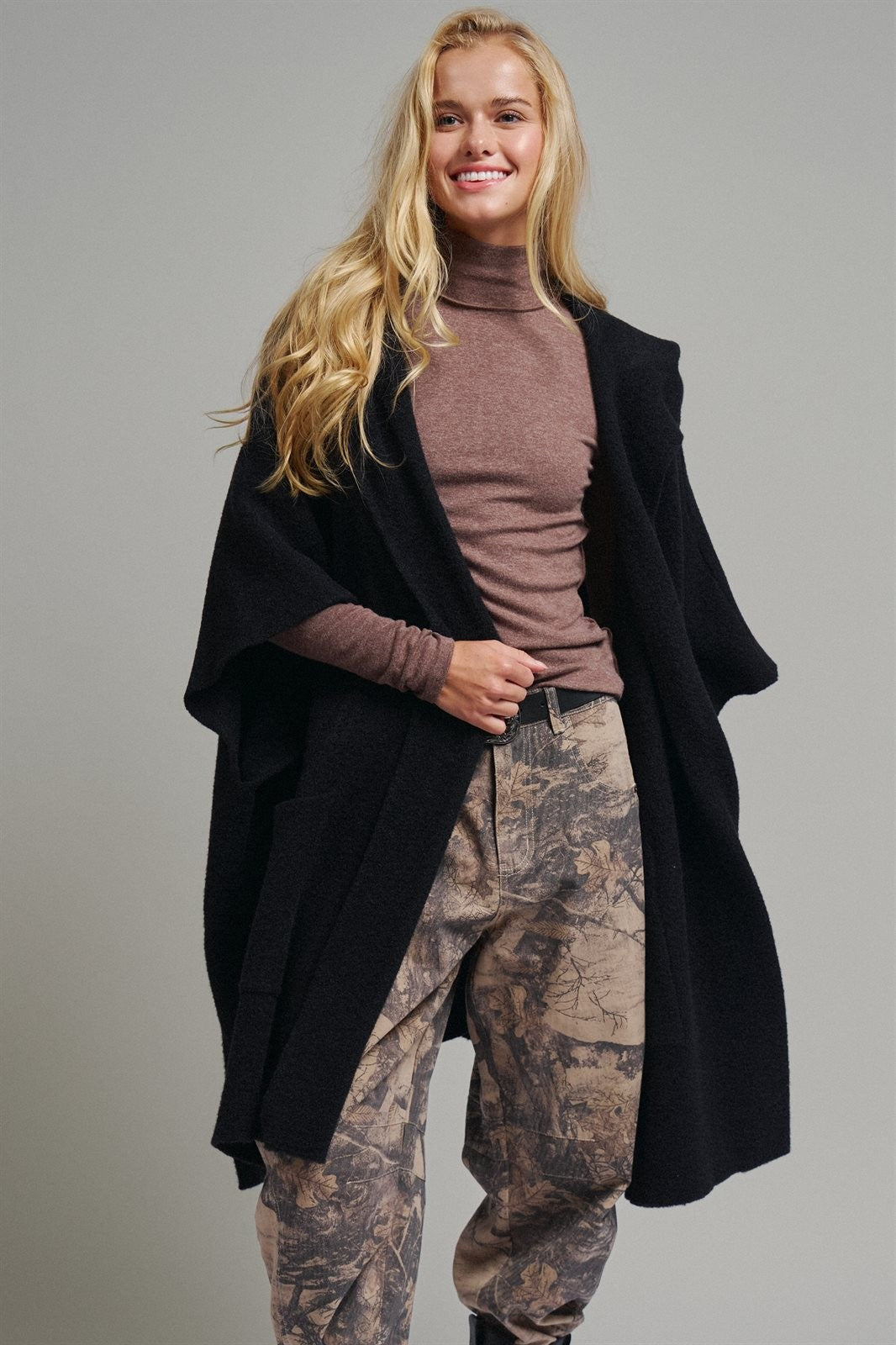 Oversized Wide Collar Open Front Poncho Cardigan in BLACK - Women's Wholesale Cardigans & Shrugs | Trend Notes