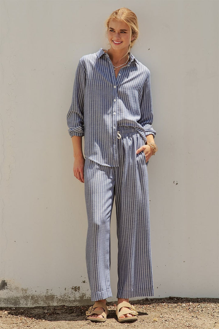 Coastal Ease Striped Linen Long Sleeve Shirt in NAVY STRIPE - Women's Wholesale Tops | Trend Notes