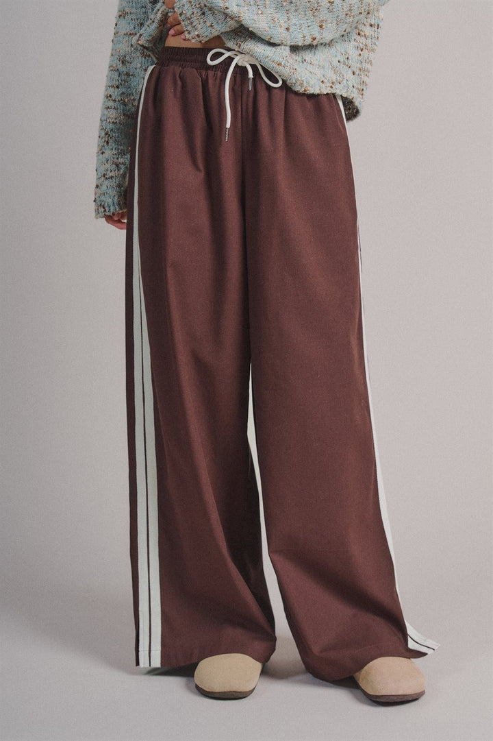 Side Stripe Drawstring Wide-Leg Pants in BROWN - Women's Wholesale Casual Pants | Trend Notes