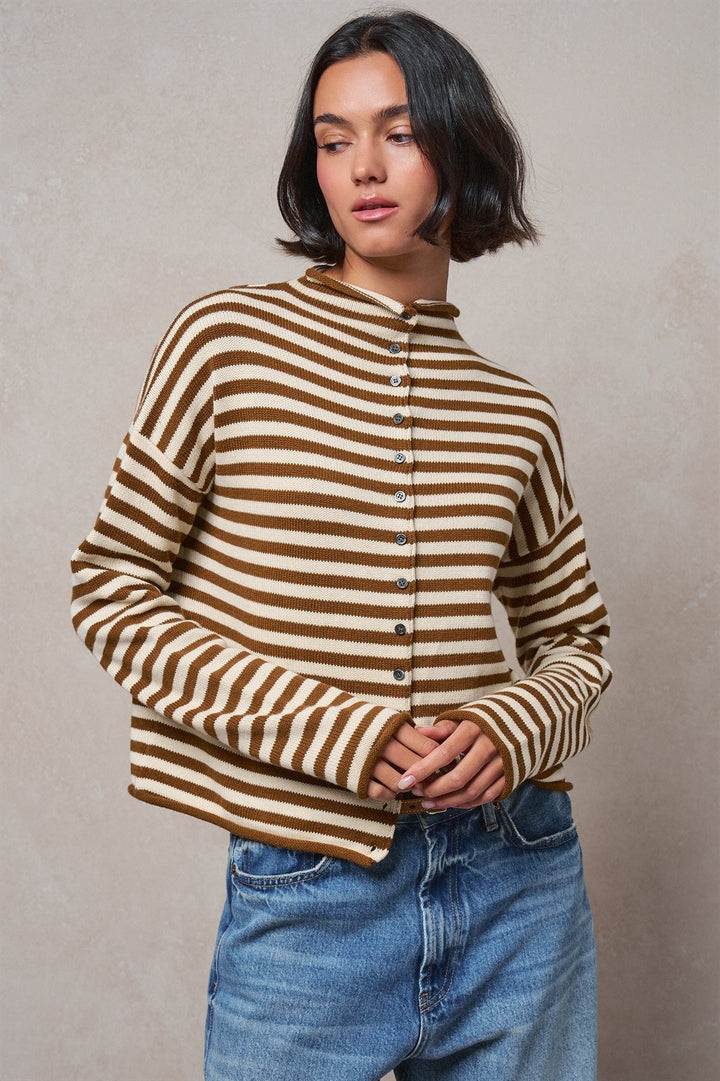 Striped Polo Collar Button Sweater with Rolled Edges in IVORY BROWN - Women's Wholesale Cardigans & Shrugs | Trend Notes