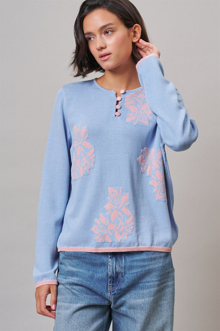 Floral Embroidered Button Front Knit Cardigan in BLUE - Women's Wholesale Sweaters | Trend Notes