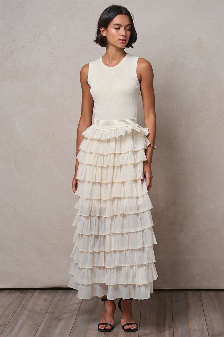 Tiered Ruffle Maxi Dress with Contrast Trim in IVORY - Women's Wholesale Cocktail Dresses | Trend Notes