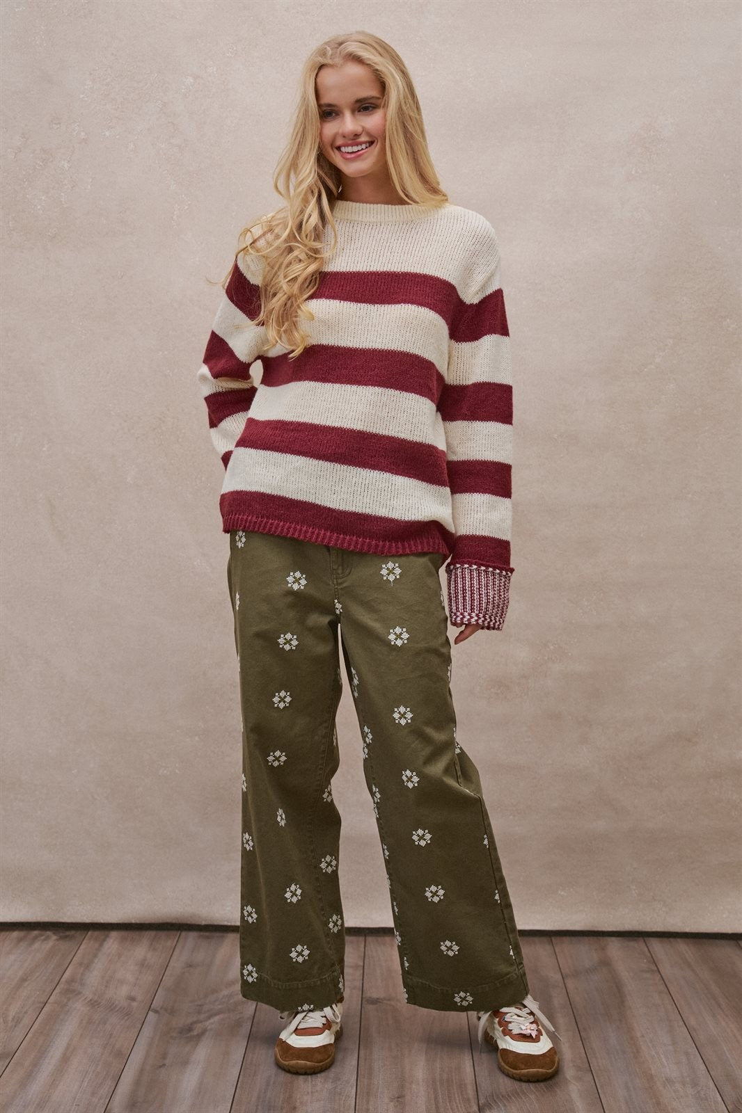 Striped Oversized Chunky Knit Sweater in BURGUNDY - Women's Wholesale Sweaters | Trend Notes