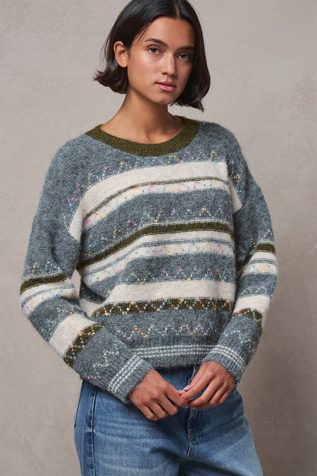 Multicolor Stripe Fair Isle Fuzzy Knit Sweater in GREY - Women's Wholesale Sweaters | Trend Notes