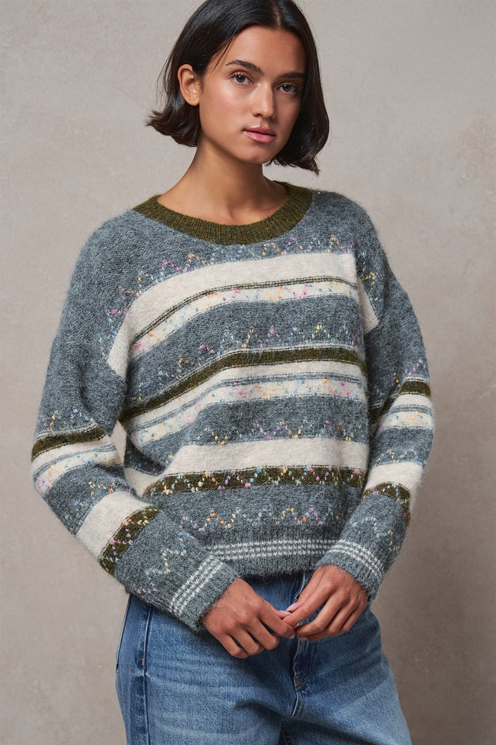 Multicolor Stripe Fair Isle Fuzzy Knit Sweater in GREY - Women's Wholesale Sweaters | Trend Notes