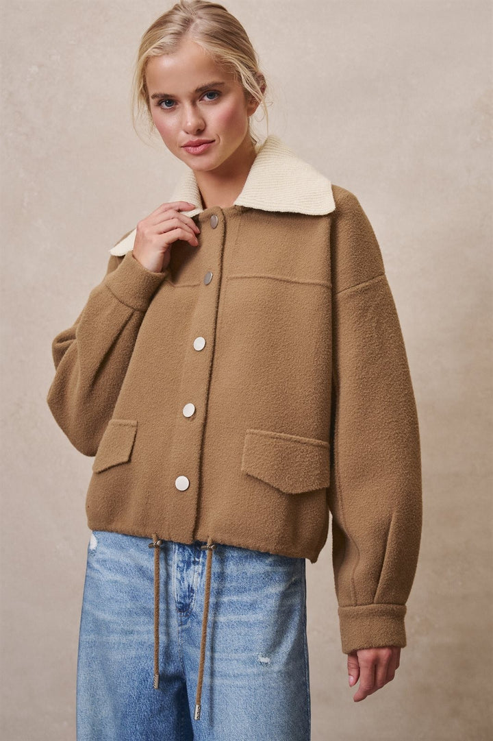 Sweater Knit Button Front Jacket with Detachable Collar in OLIVE - Women's Wholesale Jackets & Blazers | Trend Notes
