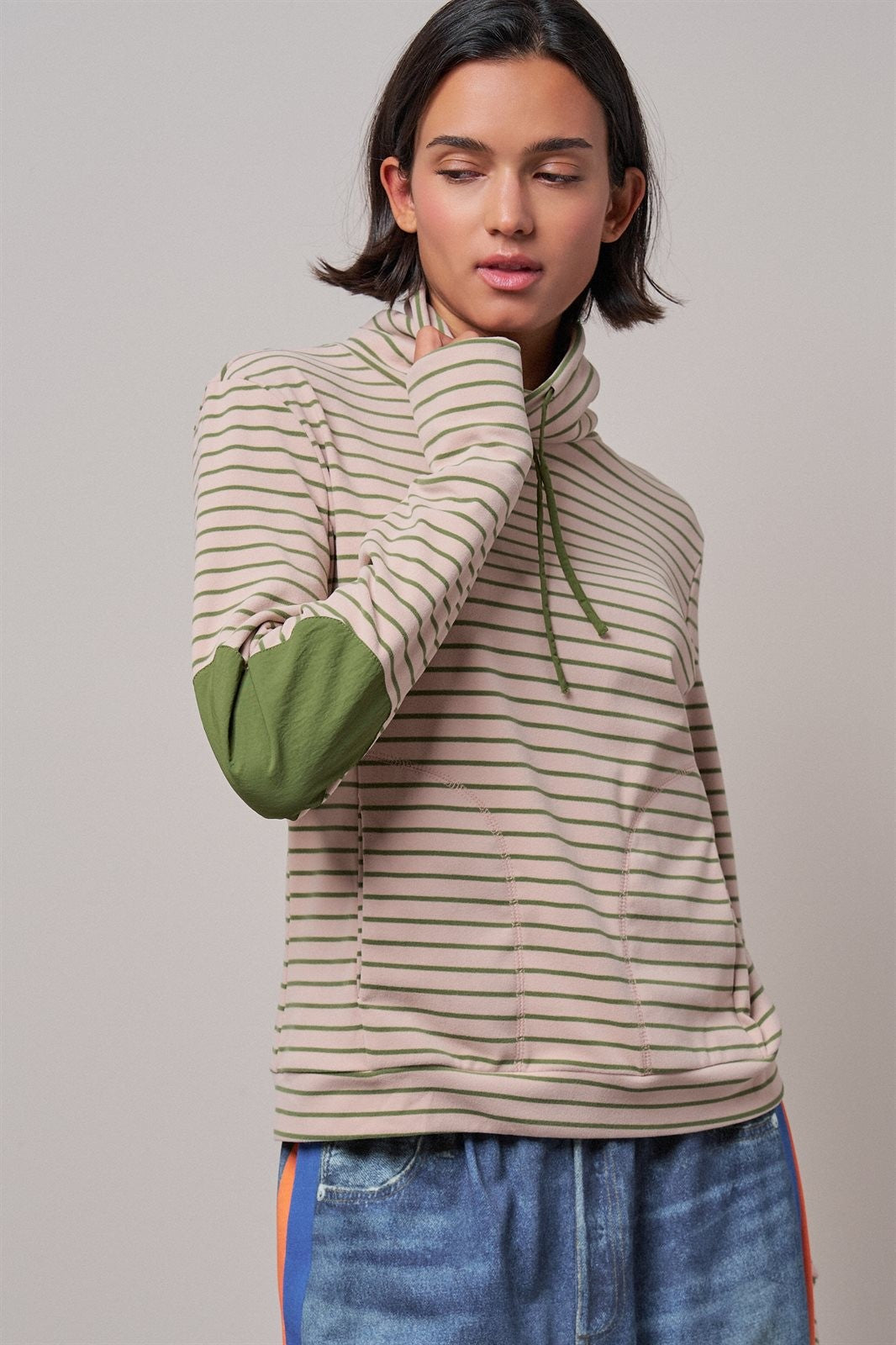 Striped Cowl Neck Drawstring Pullover Sweatshirt in PINK - Women's Wholesale Sweatshirts & Hoodies | Trend Notes