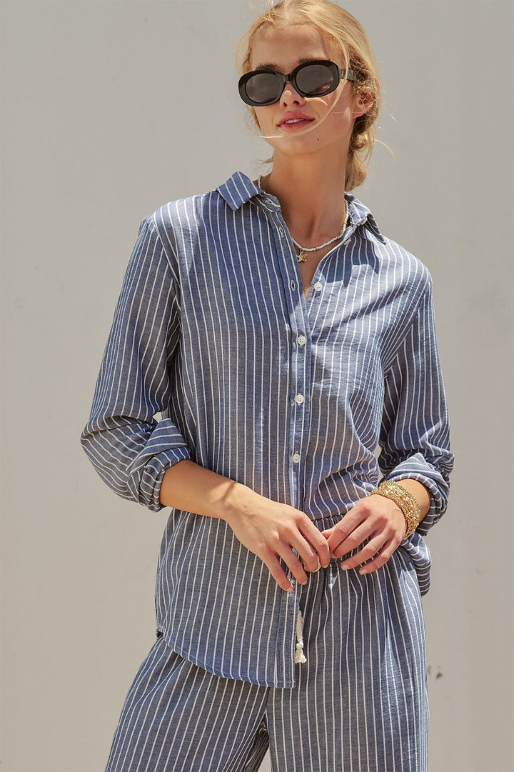 Coastal Ease Striped Linen Long Sleeve Shirt in NAVY STRIPE - Women's Wholesale Tops | Trend Notes