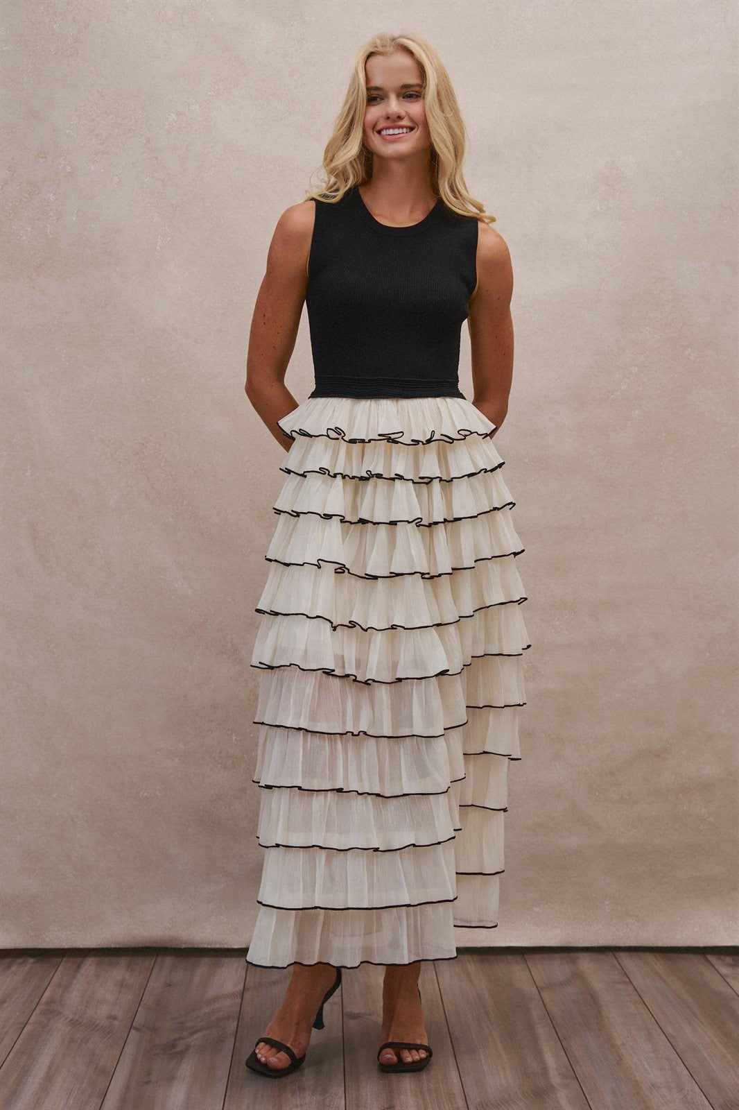 Tiered Ruffle Maxi Dress with Contrast Trim in BLACK - Women's Wholesale Cocktail Dresses | Trend Notes