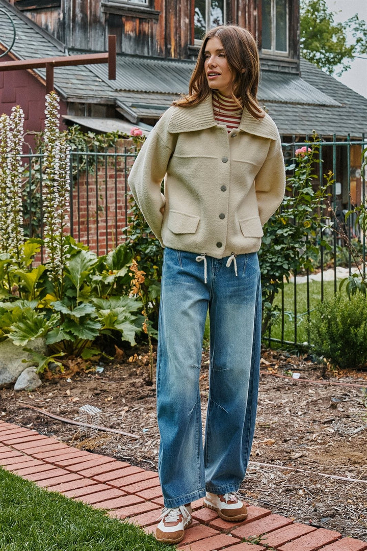 Sweater Knit Button Front Jacket with Detachable Collar in IVORY - Women's Wholesale Jackets & Blazers | Trend Notes