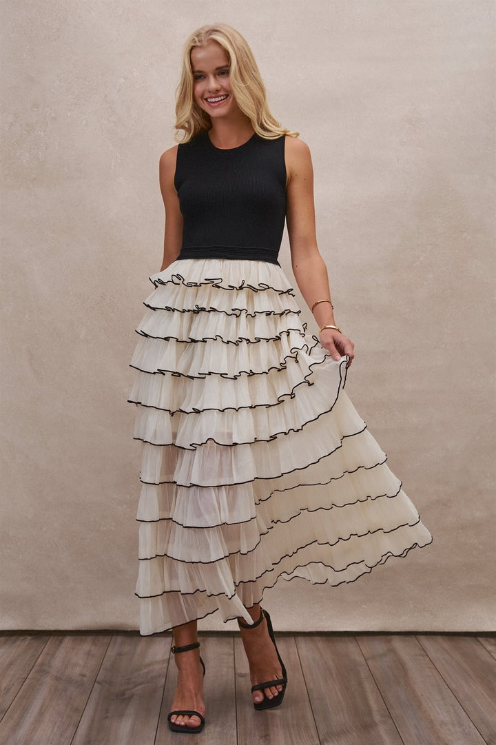 Tiered Ruffle Maxi Dress with Contrast Trim in BLACK - Women's Wholesale Cocktail Dresses | Trend Notes