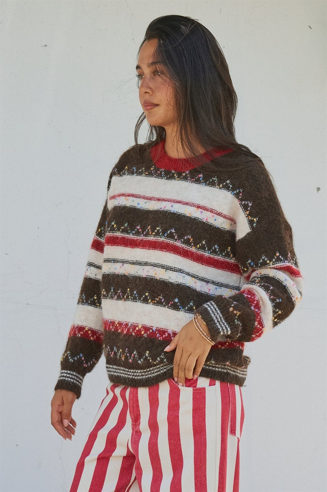 Multicolor Stripe Fair Isle Fuzzy Knit Sweater in BROWN - Women's Wholesale Sweaters | Trend Notes