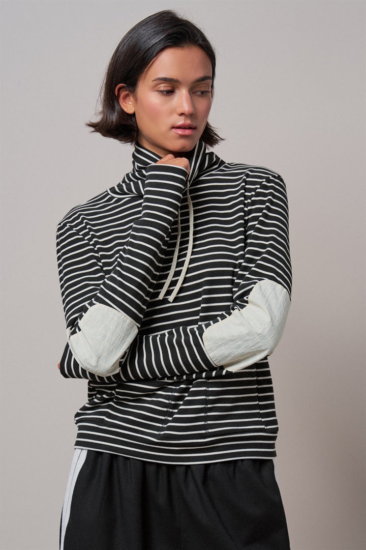 Striped Cowl Neck Drawstring Pullover Sweatshirt in BLACK - Women's Wholesale Sweatshirts & Hoodies | Trend Notes