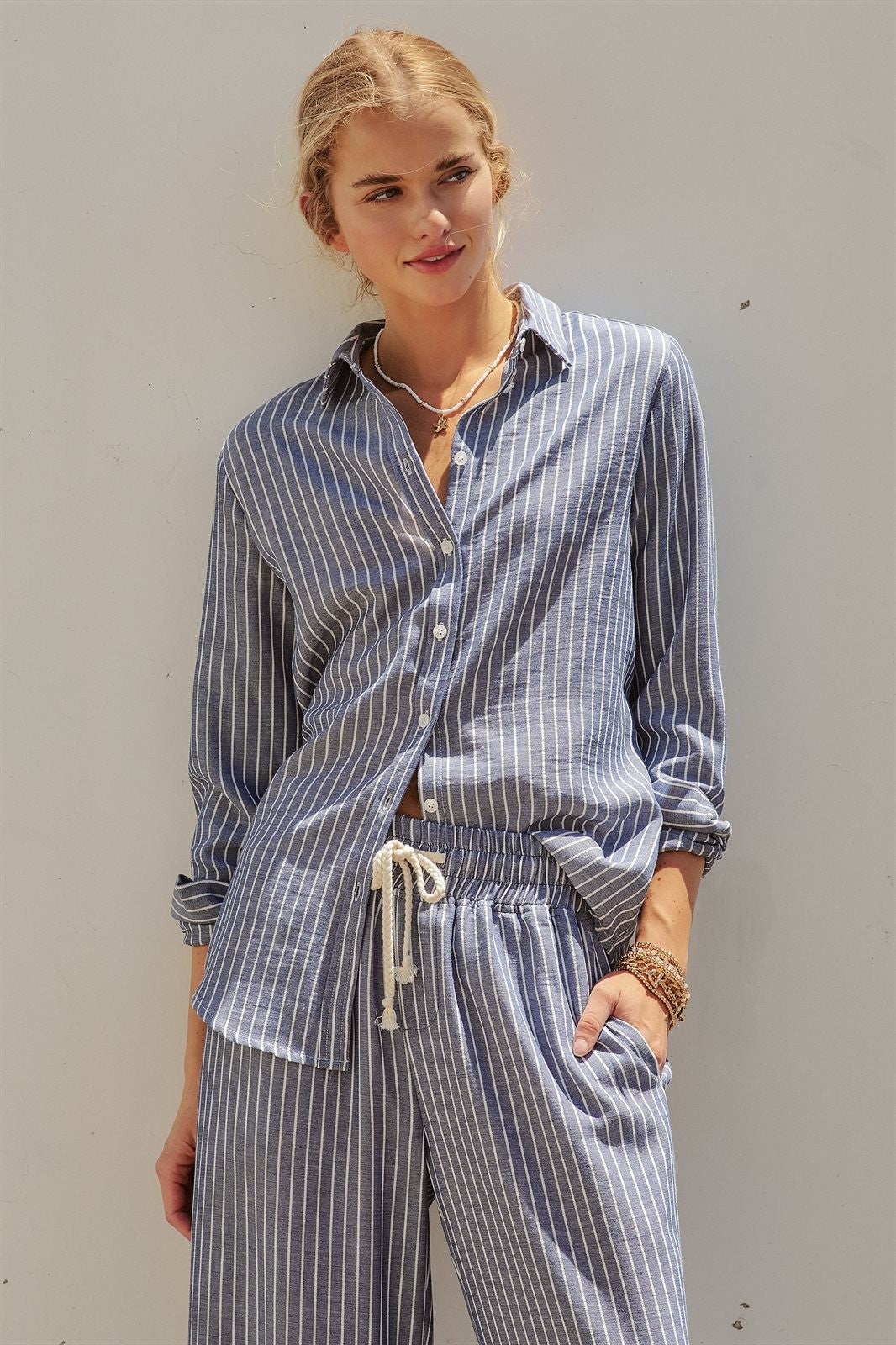 Coastal Ease Striped Linen Long Sleeve Shirt in NAVY STRIPE - Women's Wholesale Tops | Trend Notes