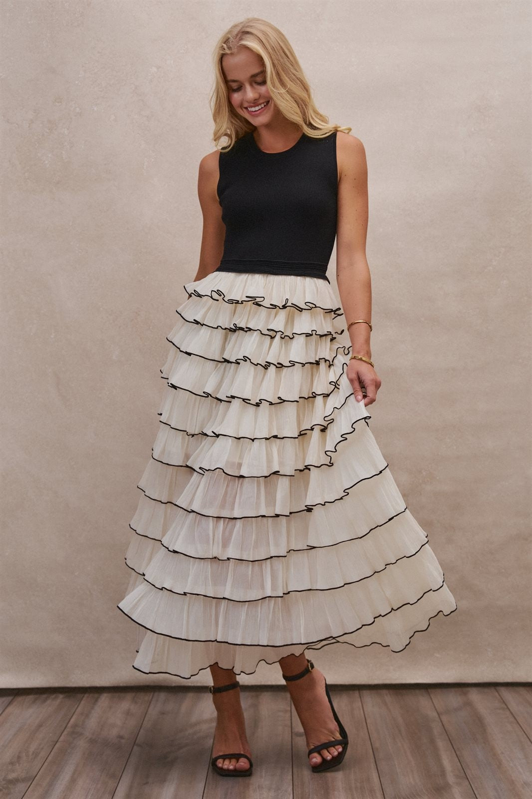 Tiered Ruffle Maxi Dress with Contrast Trim in BLACK - Women's Wholesale Cocktail Dresses | Trend Notes