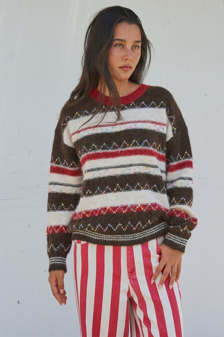 Multicolor Stripe Fair Isle Fuzzy Knit Sweater in BROWN - Women's Wholesale Sweaters | Trend Notes