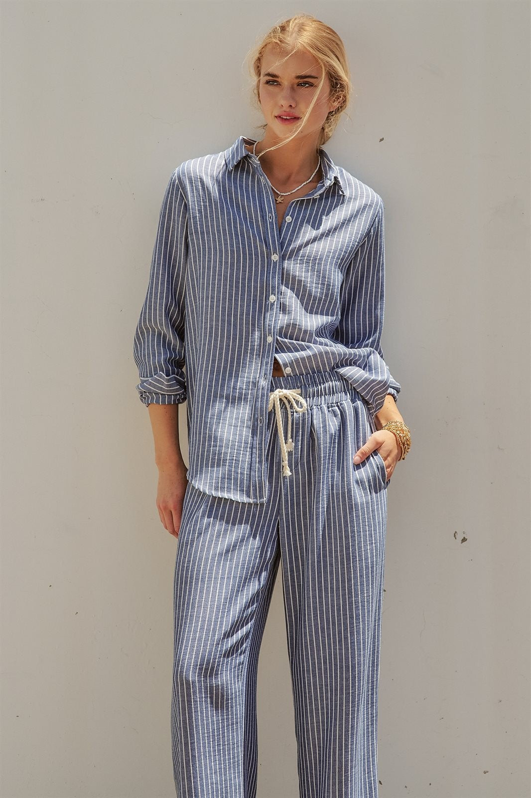 Coastal Ease Striped Linen Long Sleeve Shirt in NAVY STRIPE - Women's Wholesale Tops | Trend Notes