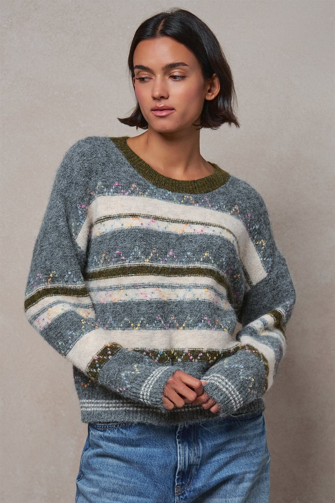 Multicolor Stripe Fair Isle Fuzzy Knit Sweater in GREY - Women's Wholesale Sweaters | Trend Notes
