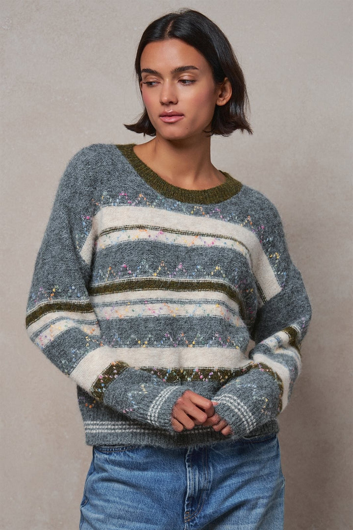 Multicolor Stripe Fair Isle Fuzzy Knit Sweater in GREY - Women's Wholesale Sweaters | Trend Notes