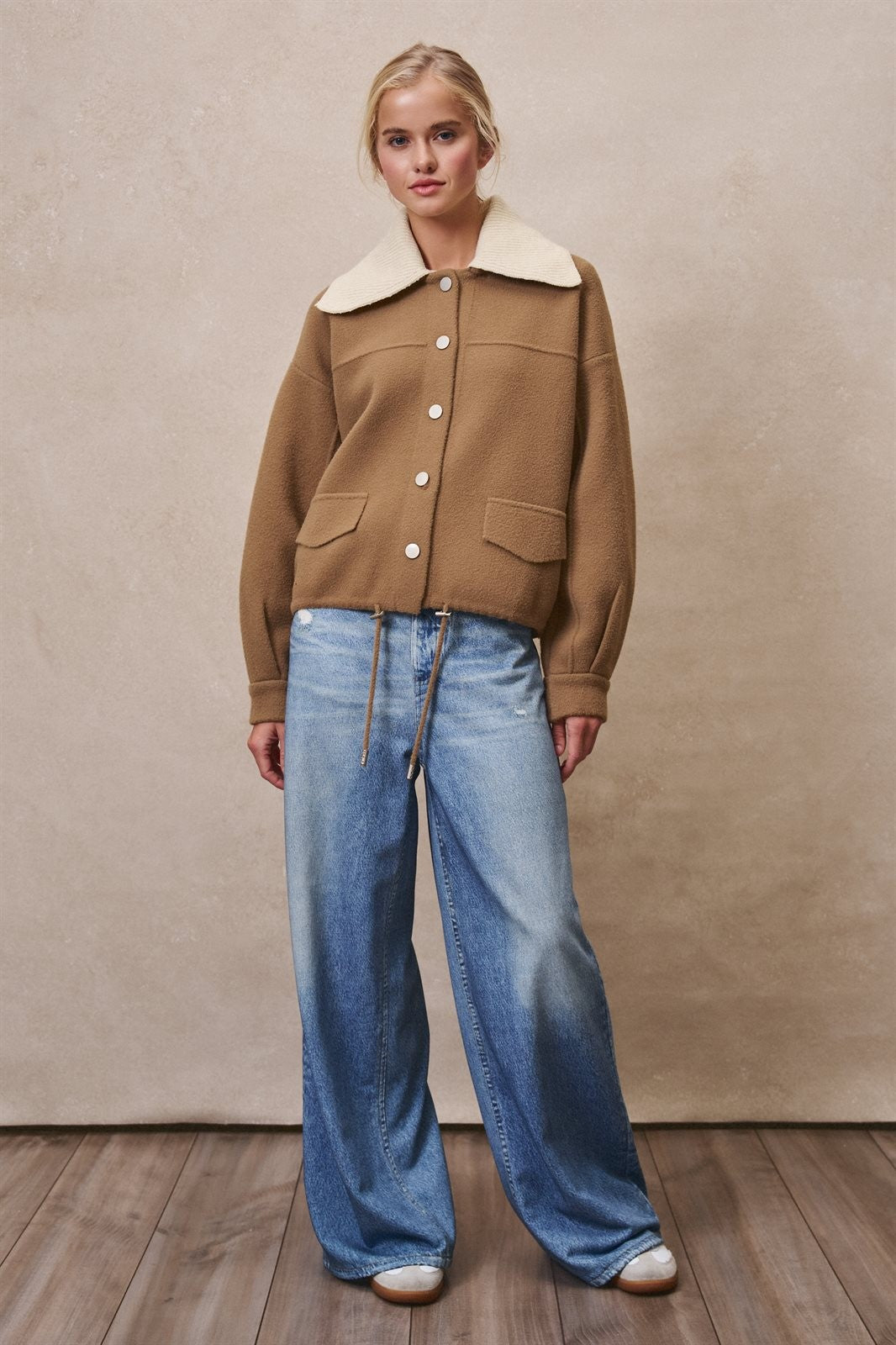 Sweater Knit Button Front Jacket with Detachable Collar in OLIVE - Women's Wholesale Jackets & Blazers | Trend Notes