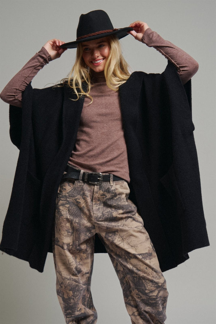 Oversized Wide Collar Open Front Poncho Cardigan in BLACK - Women's Wholesale Cardigans & Shrugs | Trend Notes